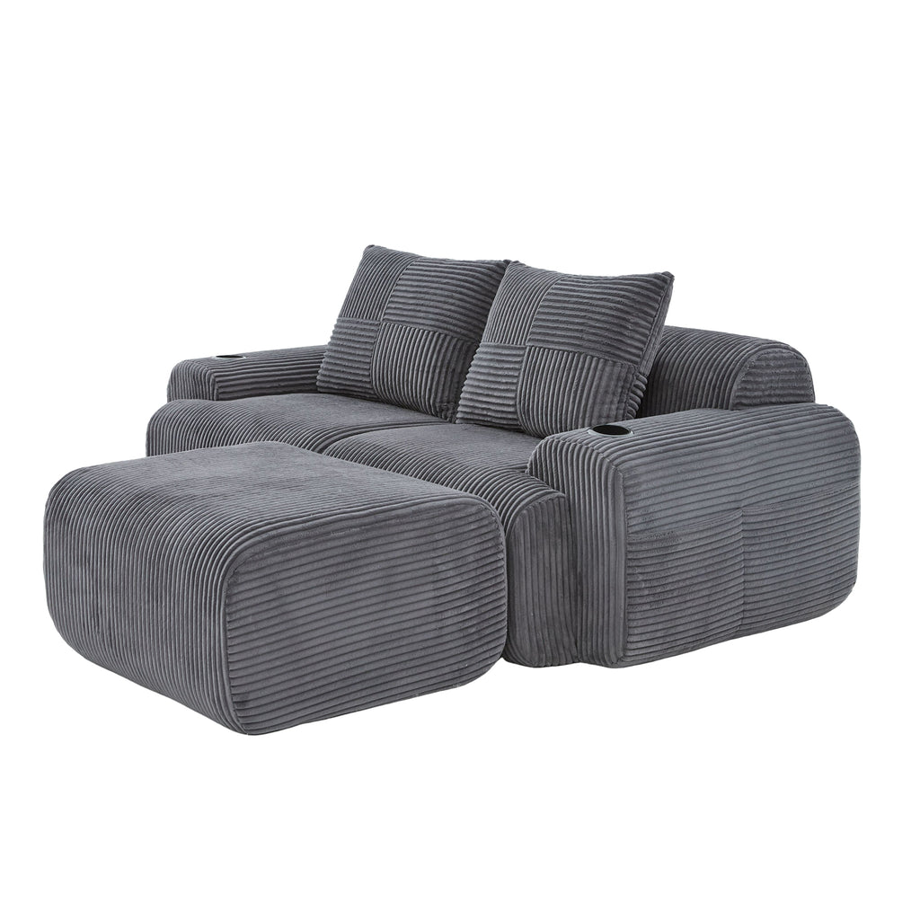 Dark Grey Corduroy 2-Seater Modular Sofa with Ottoman — detail 19