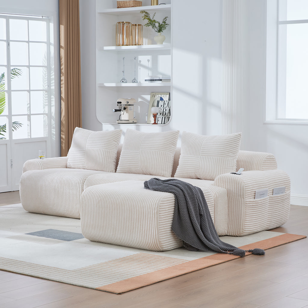 Beige Corduroy 3-Seater Modular Sofa with Ottoman — detail 13