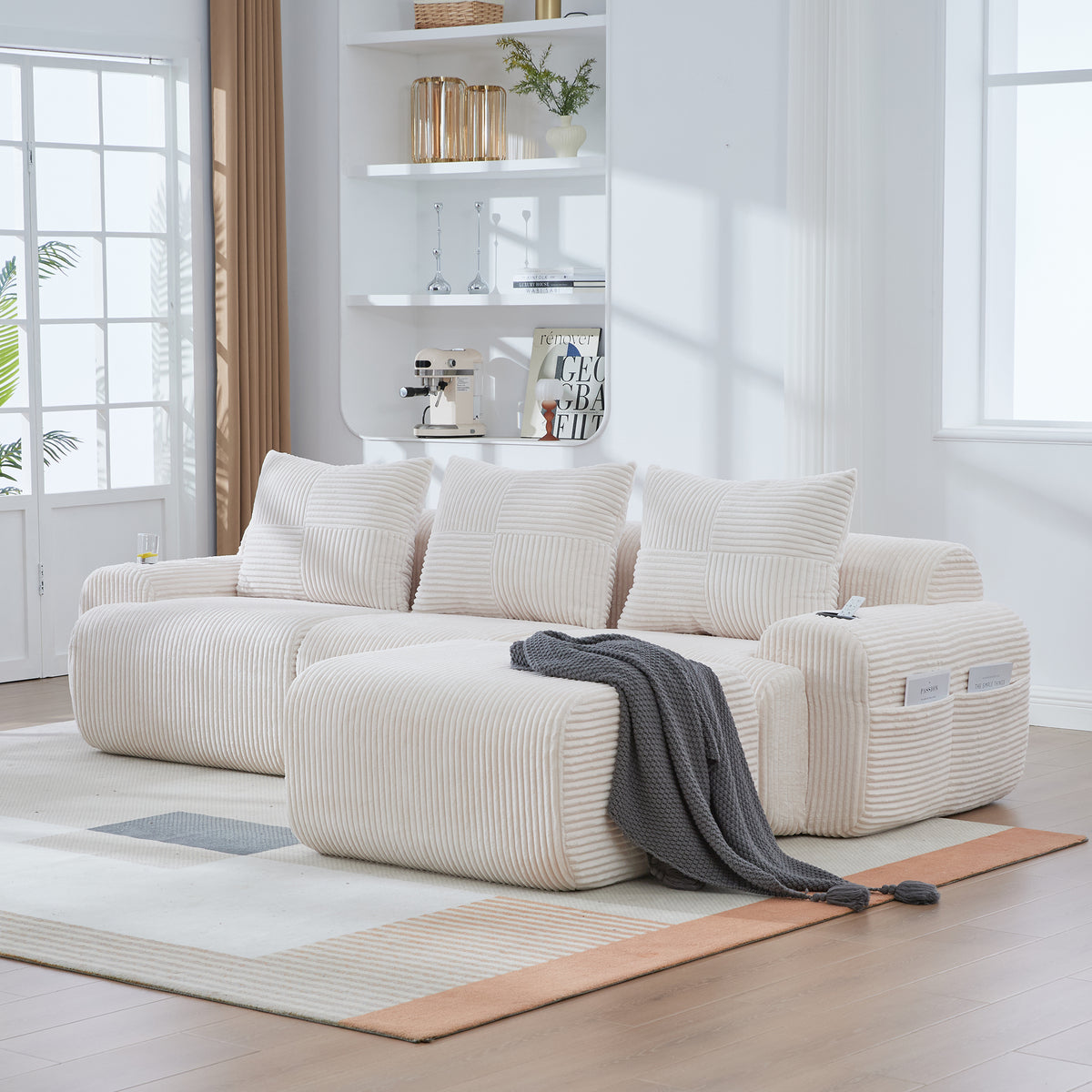 Beige Corduroy 3-Seater Modular Sofa with Ottoman — detail 13