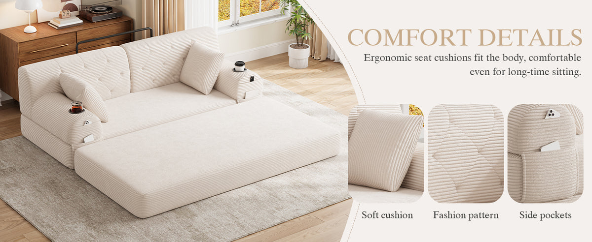 Beige Corduroy 2-Seater Sofa Bed — detail 18
