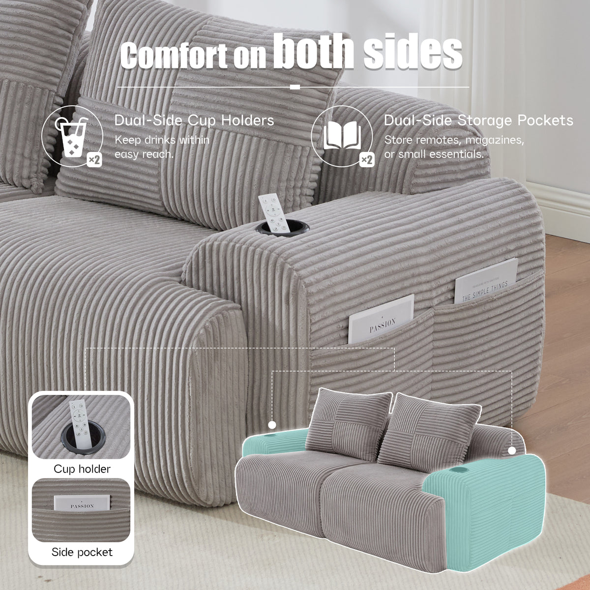Light Grey Corduroy 2-Seater Modular Sofa — detail 7