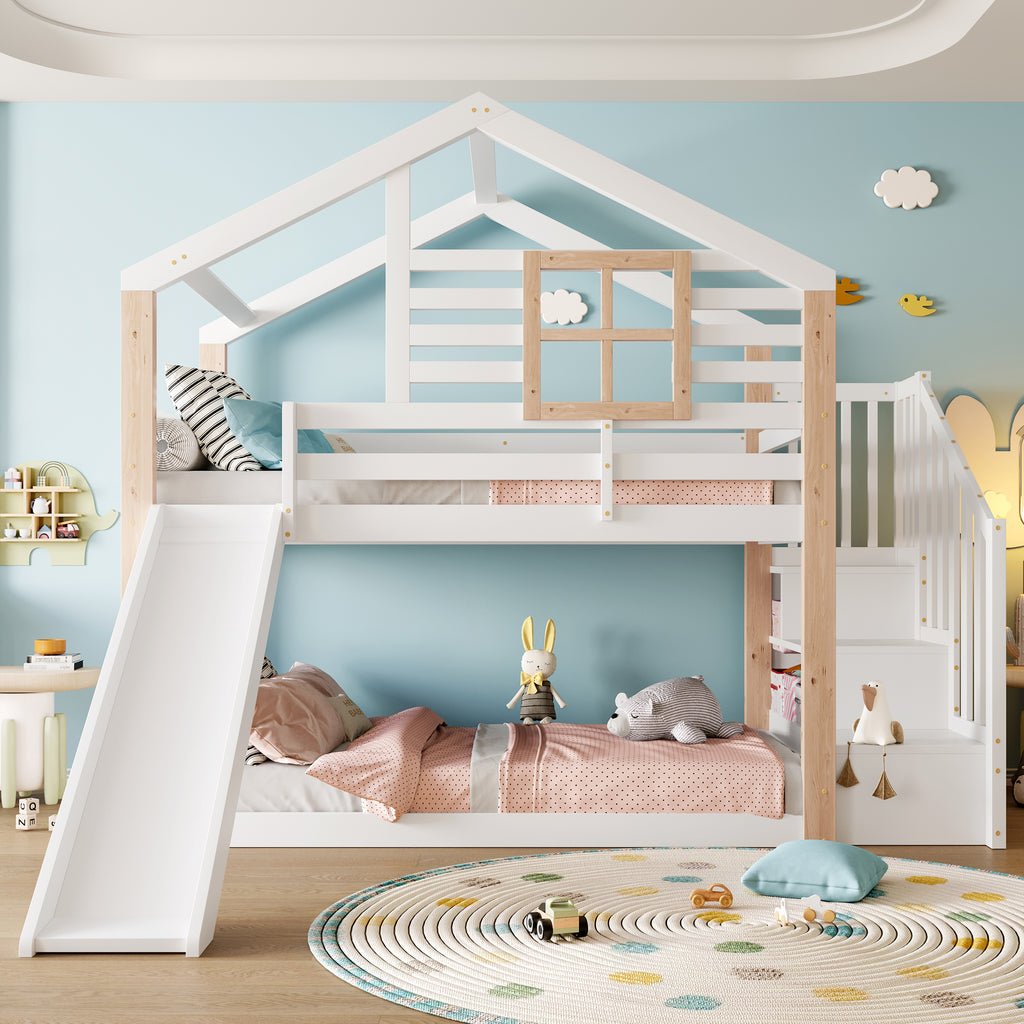 White Wooden Bunk Bed with Slide and Storage Stairs — detail 9