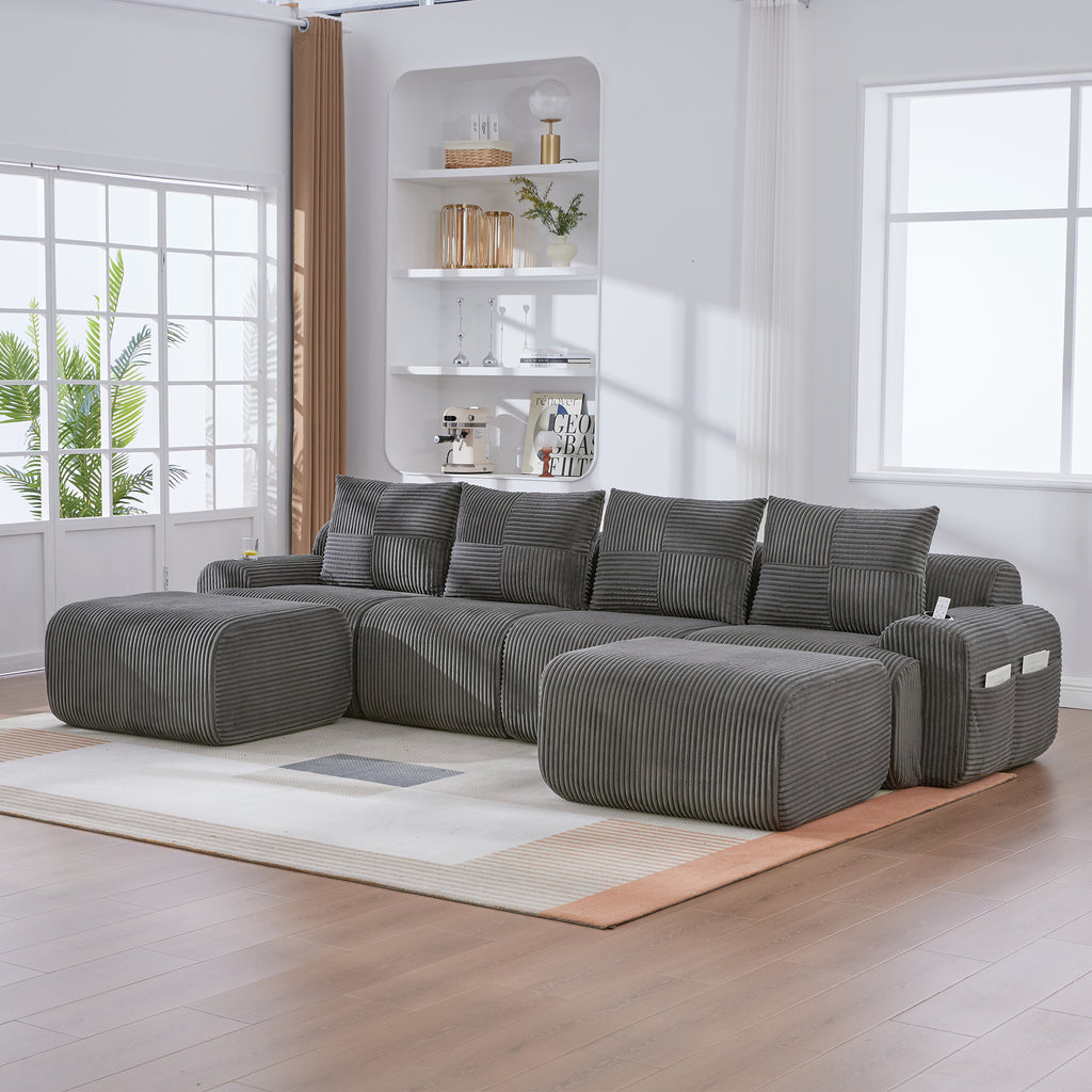 Dark Grey Corduroy 4-Seater Modular Sofa with Two Ottomans — detail 11