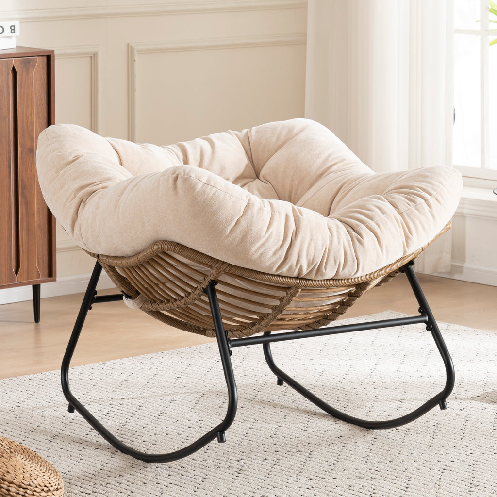 Beige Oversized Rattan Rocking Chair with Cushion — detail 2