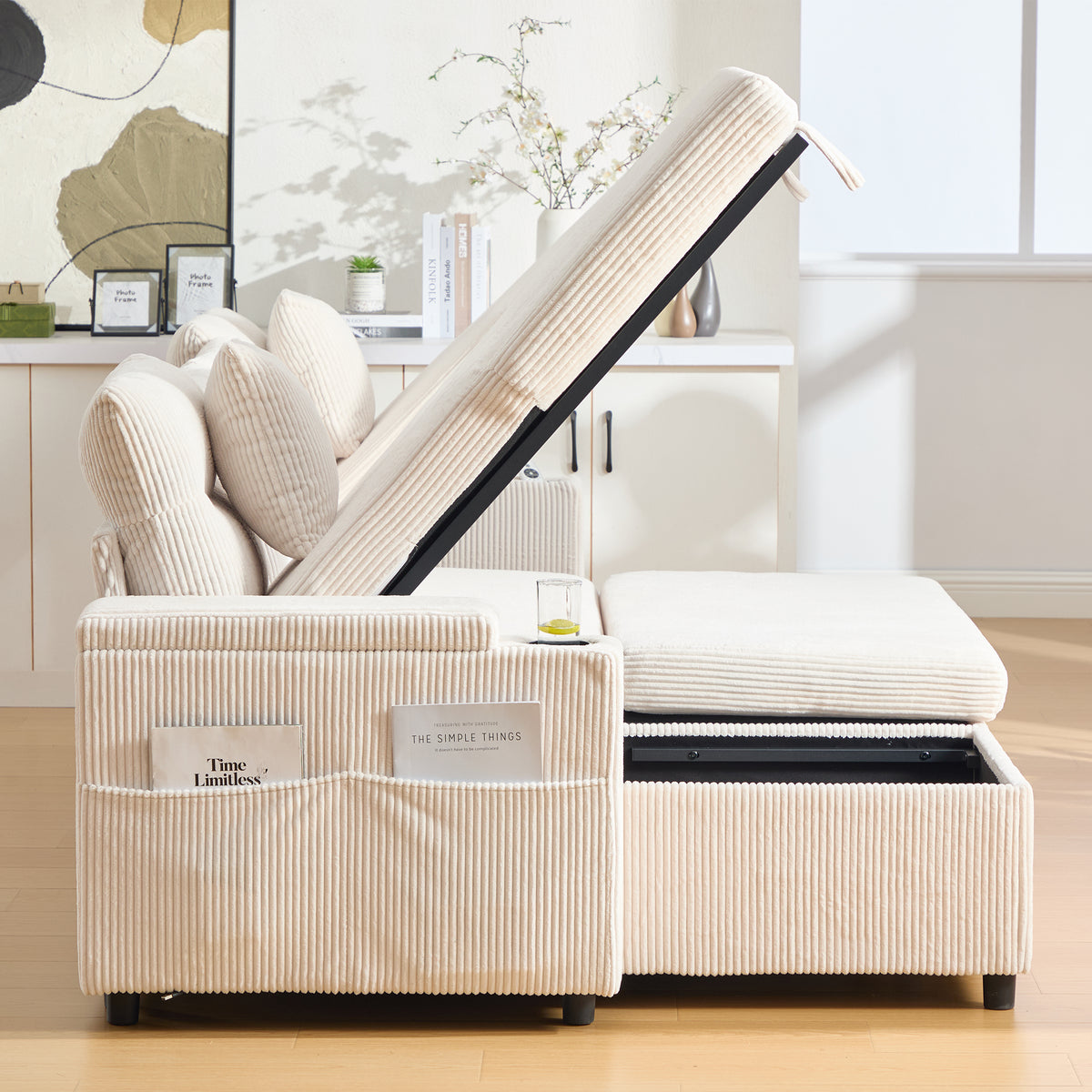 Beige Oversized Chenille Chaise Lounge with Pillows — detail 12
