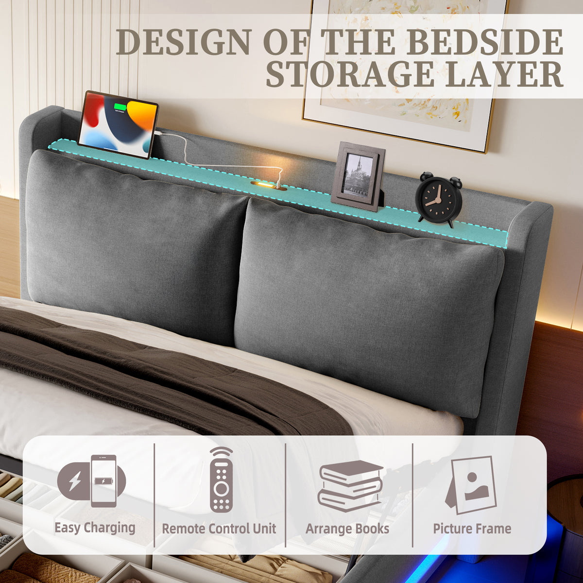 Dark Grey Linen Storage Bed Frame – 135 × 190 cm — detail 8