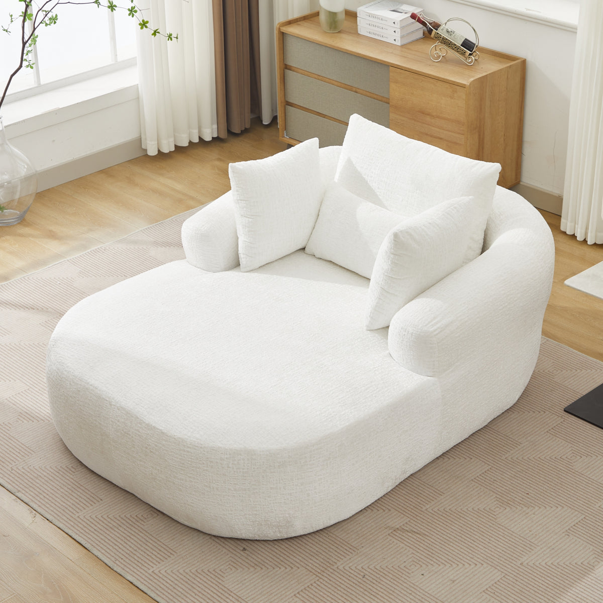 White Oversized Chenille Chaise Lounge with Pillows — detail 4