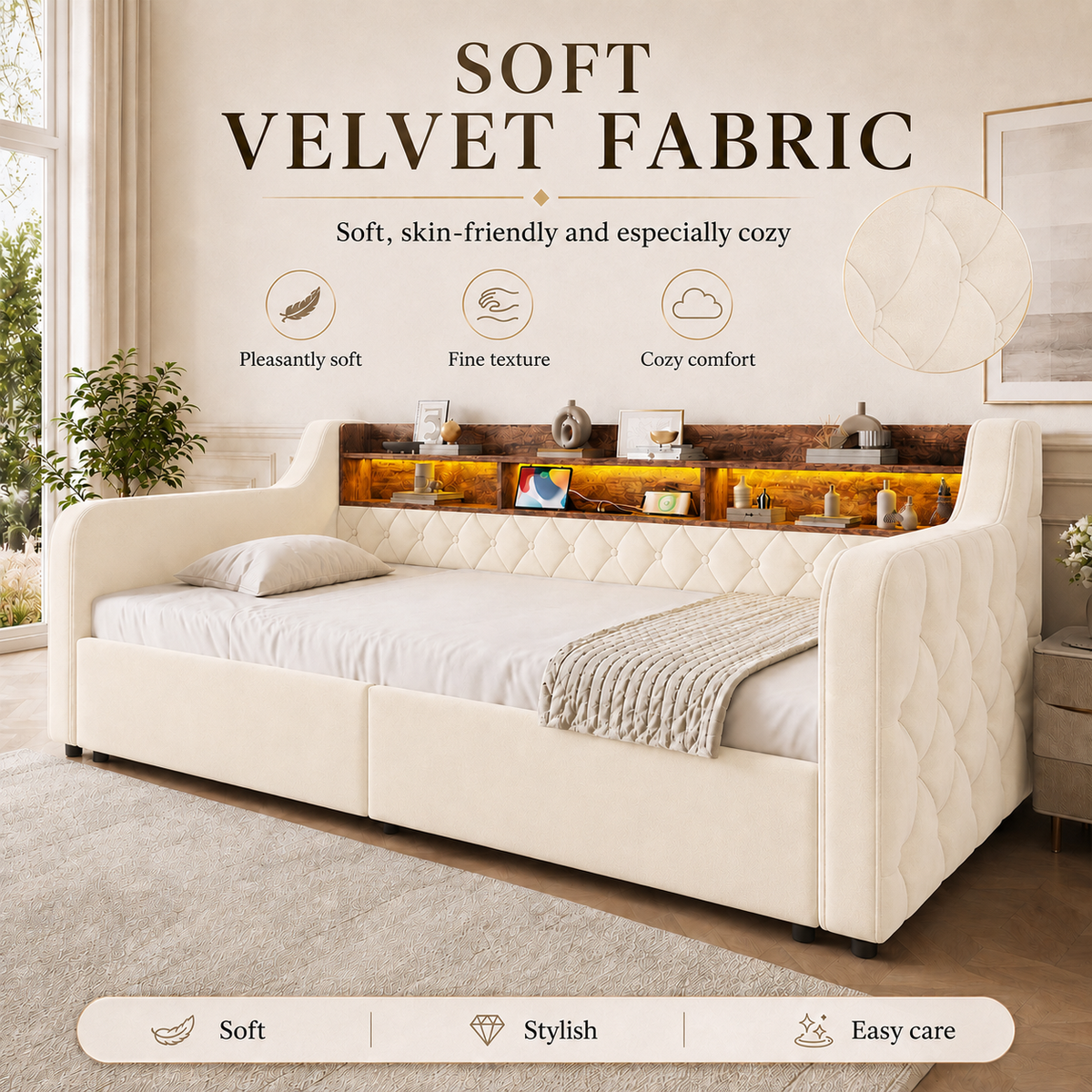 Beige Velvet Storage Bed Frame – 90 × 190 cm — detail 8