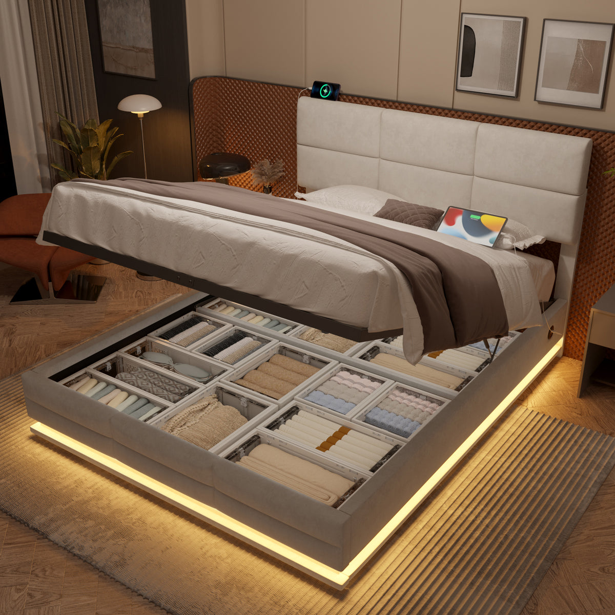 Beige Velvet Storage Bed Frame – 135 × 190 cm — detail 6