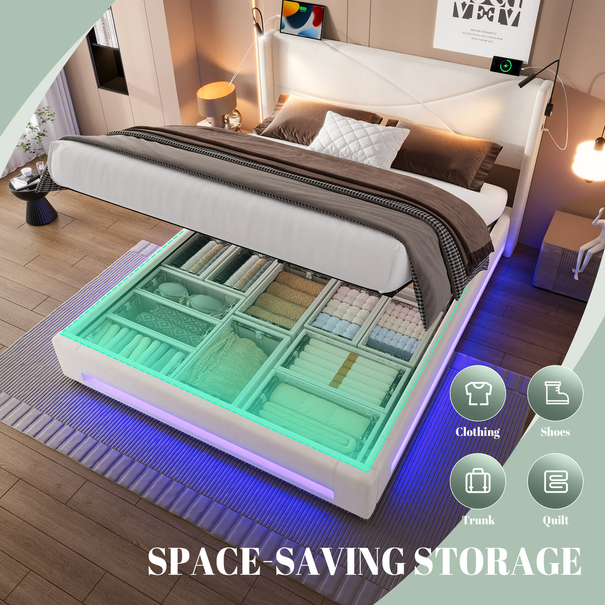 Beige Velvet Storage Bed Frame – 150 × 200 cm — detail 8