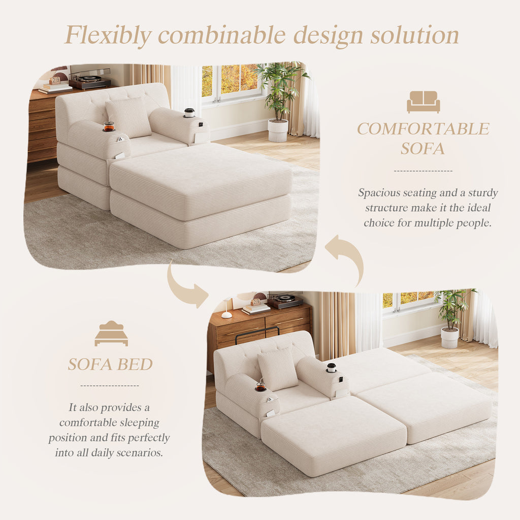 Beige Corduroy Sleeper Chair with Ottoman — detail 3