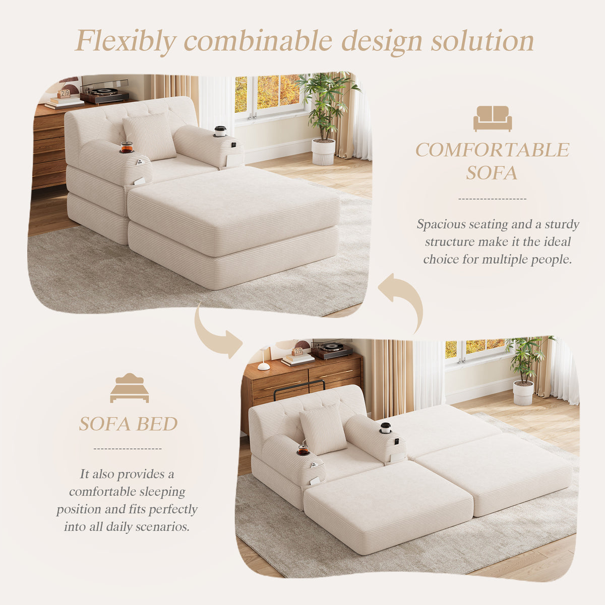 Beige Corduroy Sleeper Chair with Ottoman — detail 3