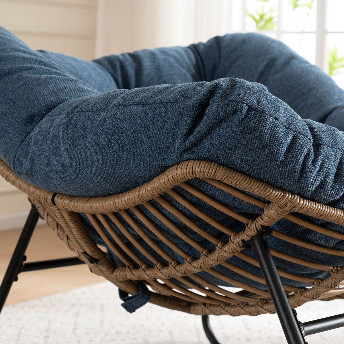 Blue Oversized Rattan Rocking Chair with Cushion — detail 6