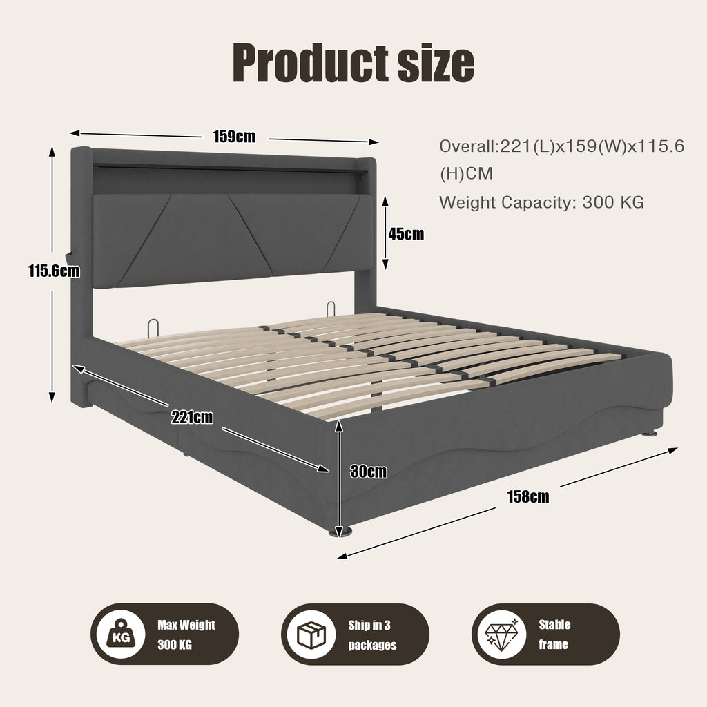 Dark Grey Velvet Storage Bed Frame – 150 × 200 cm — detail 2