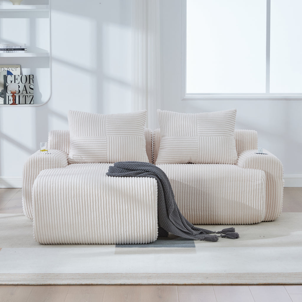Beige Corduroy 2-Seater Modular Sofa with Ottoman — detail 16
