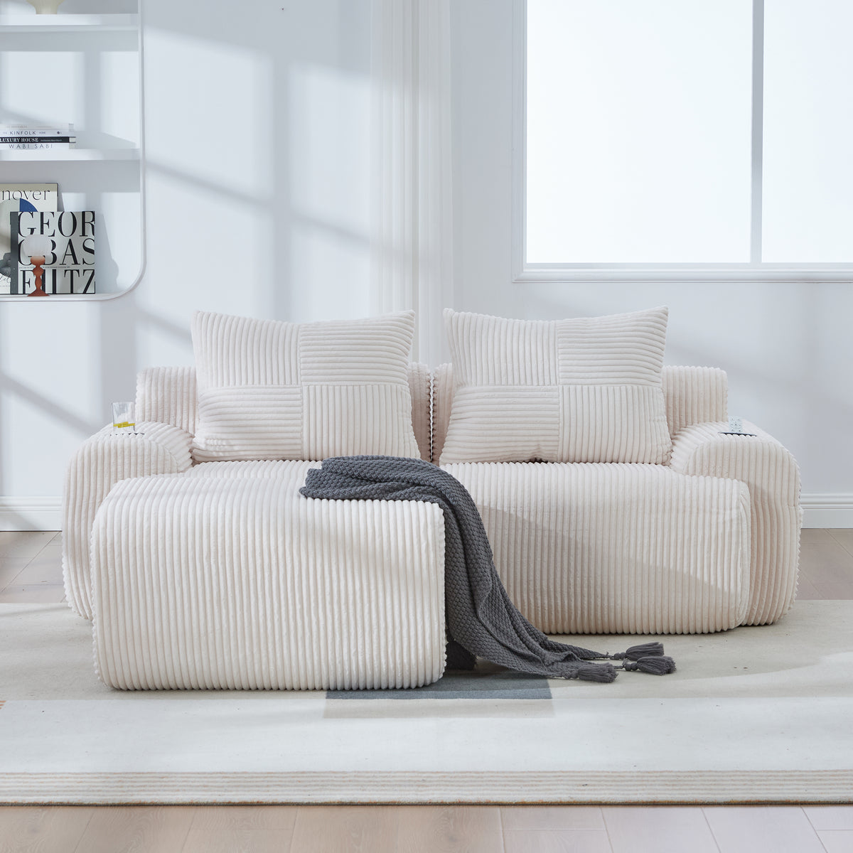 Beige Corduroy 2-Seater Modular Sofa with Ottoman — detail 16