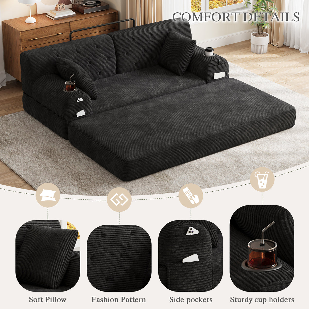 Black Corduroy 2-Seater Sofa Bed — detail 6