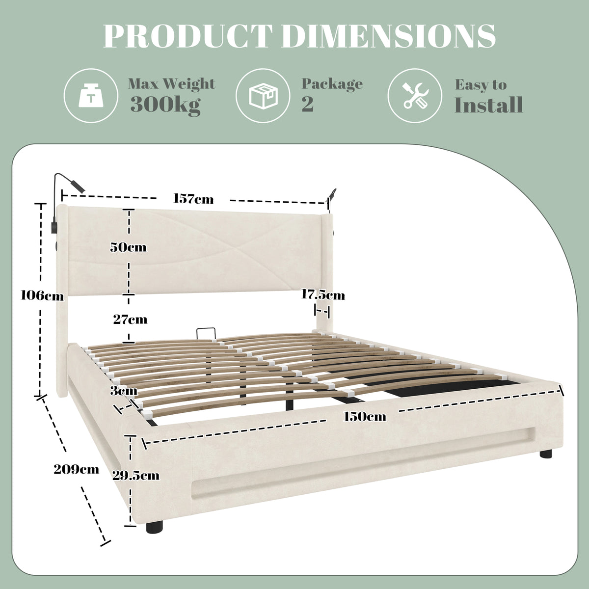 Beige Velvet Storage Bed Frame – 150 × 200 cm — detail 2