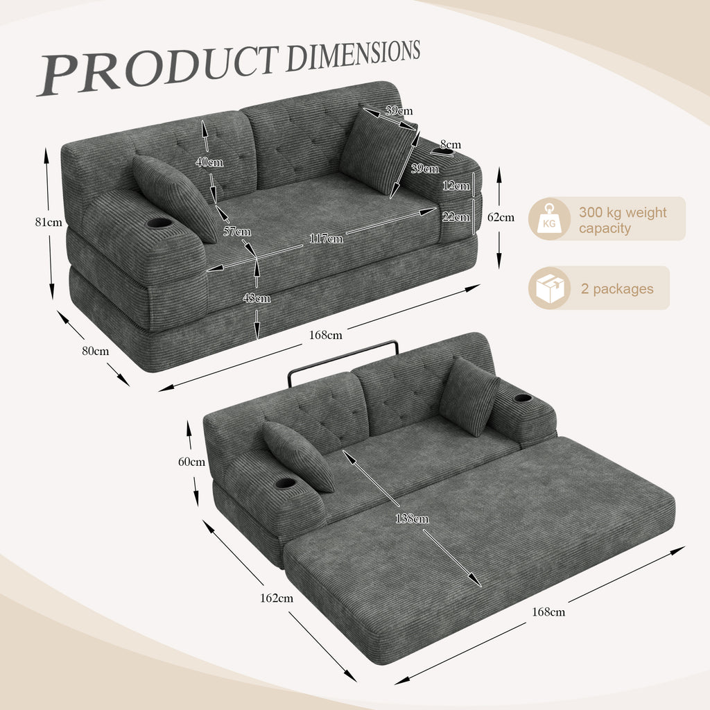 Dark Grey Corduroy 2-Seater Sofa Bed — detail 2