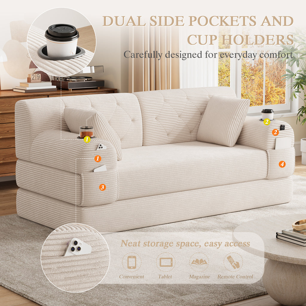 Beige Corduroy 2-Seater Sofa Bed — detail 4