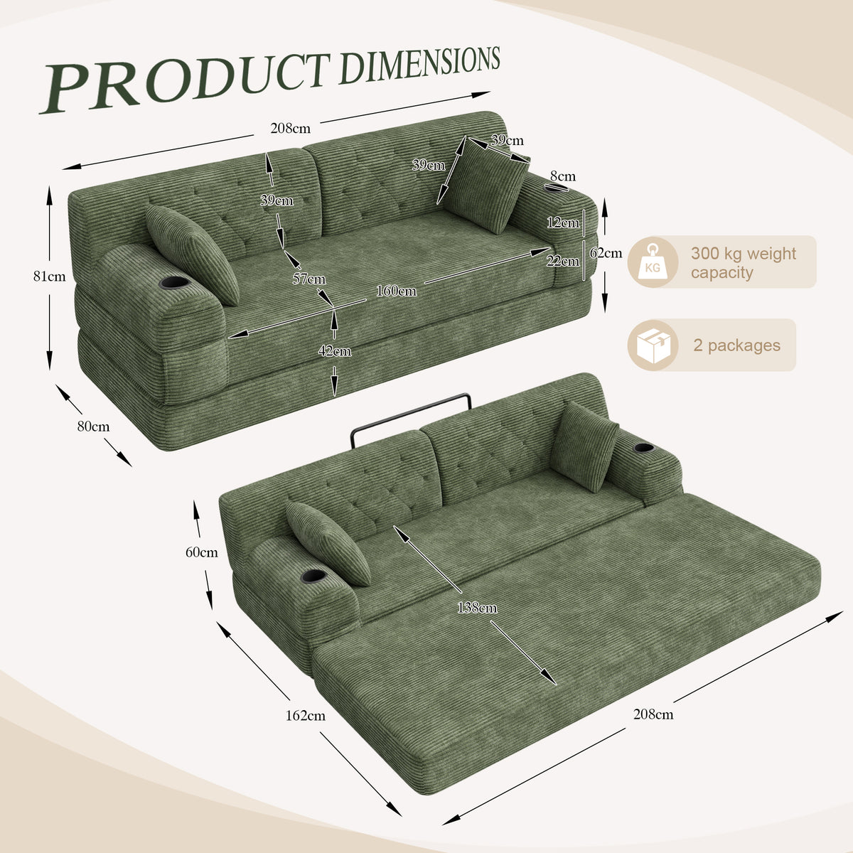 Green Corduroy 3-Seater Sofa Bed — detail 2