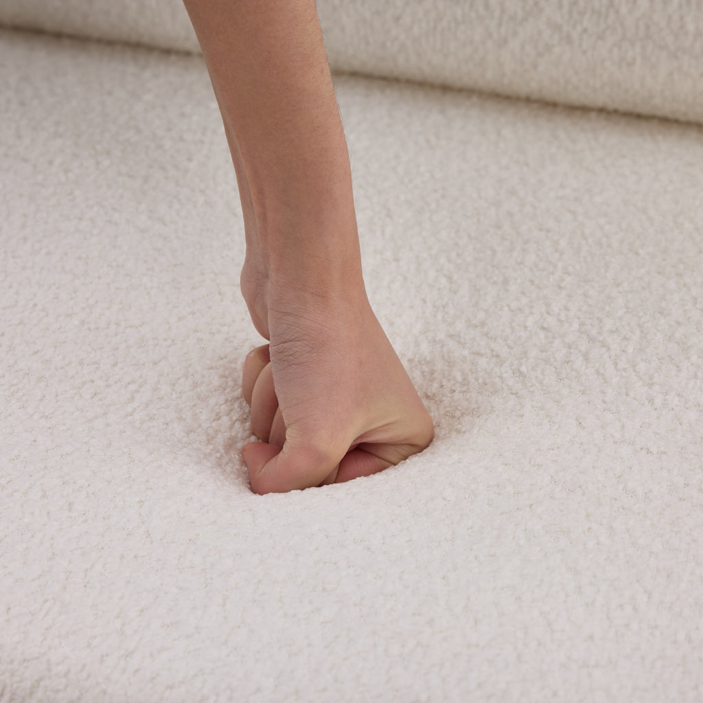 White Bouclé Upholstered Bench with Backrest — detail 11