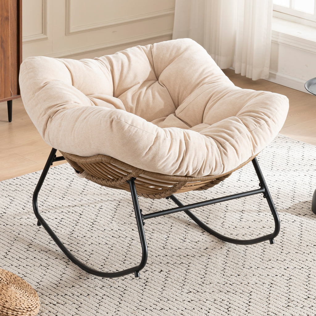 Beige Oversized Rattan Rocking Chair with Cushion — product view