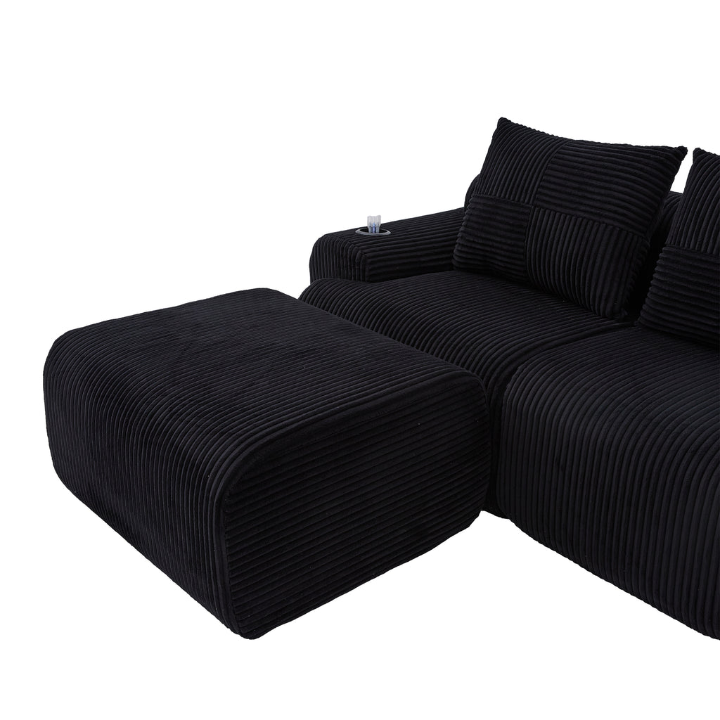 Black Corduroy 4-Seater Modular Sofa with Two Ottomans — detail 25