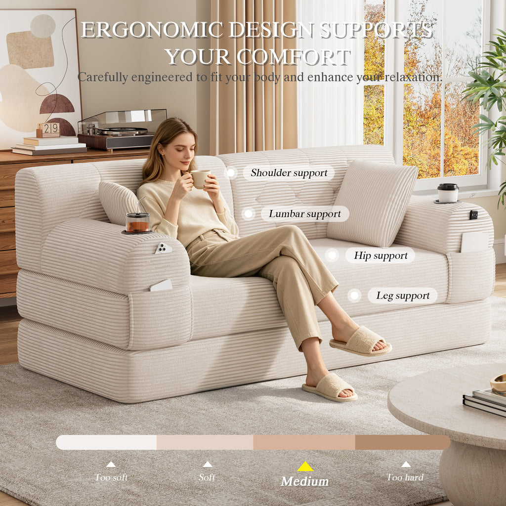 Beige Corduroy 2-Seater Sofa Bed — detail 7