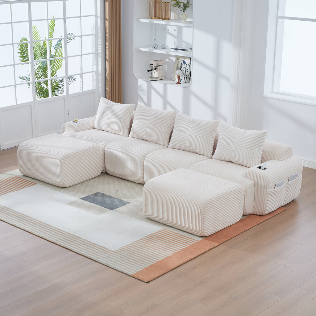 Beige Corduroy 4-Seater Modular Sofa with Two Ottomans — detail 14
