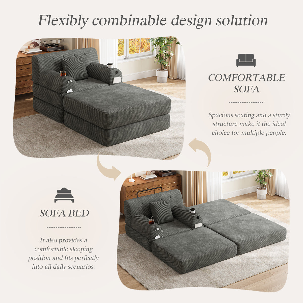 Dark Grey Corduroy Sleeper Chair with Ottoman — detail 3