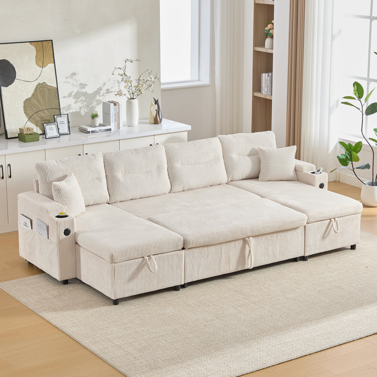 Beige Oversized Chenille Chaise Lounge with Pillows — detail 11