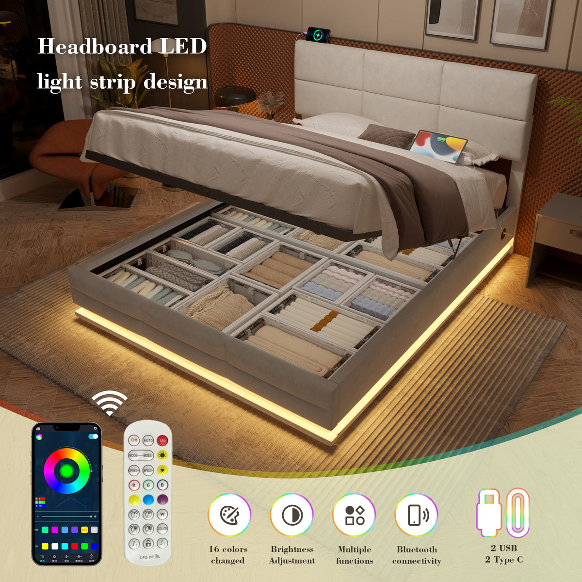 Beige Velvet Storage Bed Frame – 150 × 200 cm — detail 5