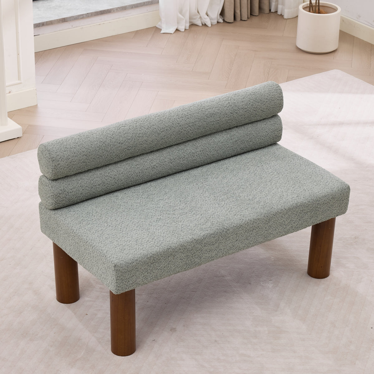 Green Bouclé Upholstered Bench with Backrest — detail 13