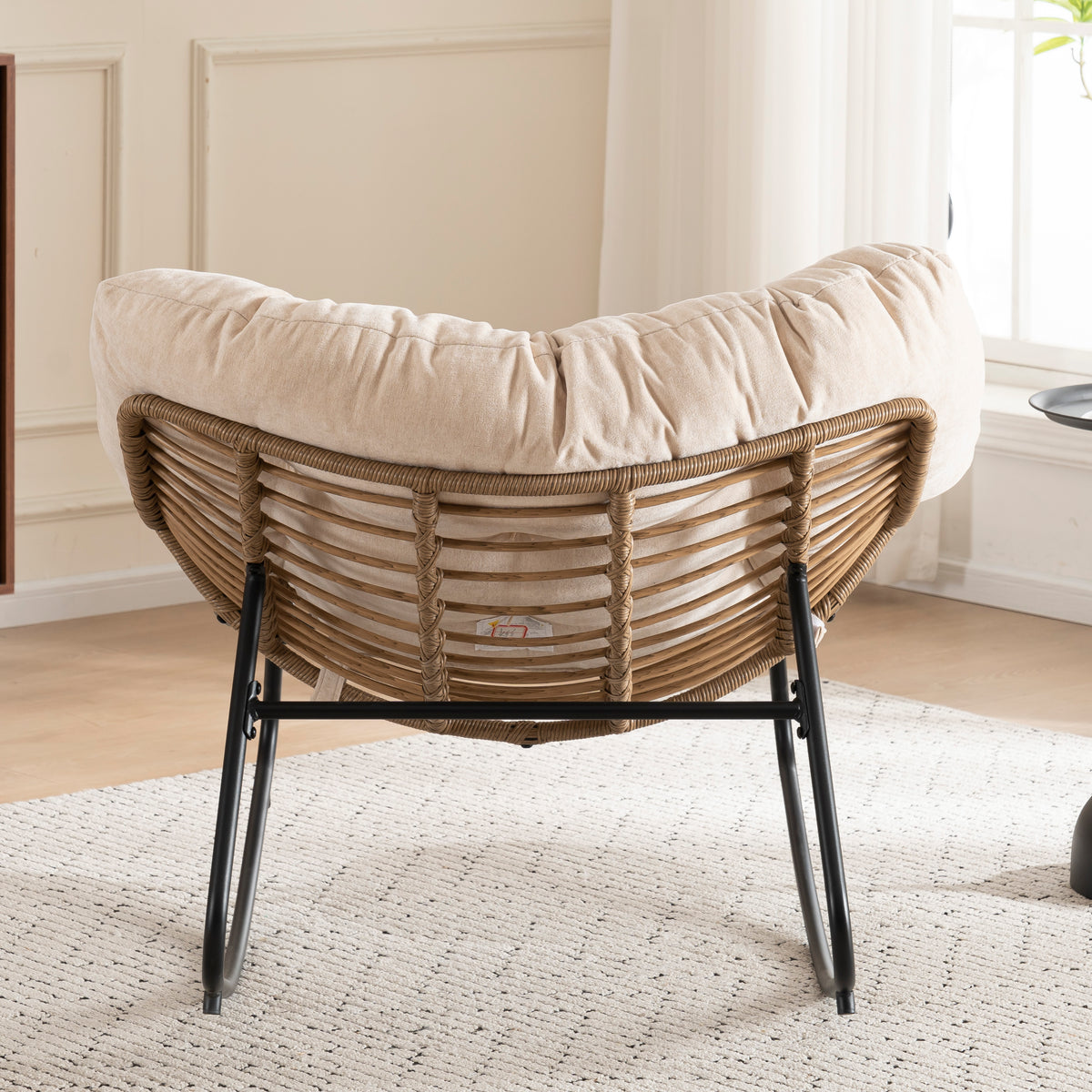 Beige Oversized Rattan Rocking Chair with Cushion — detail 6