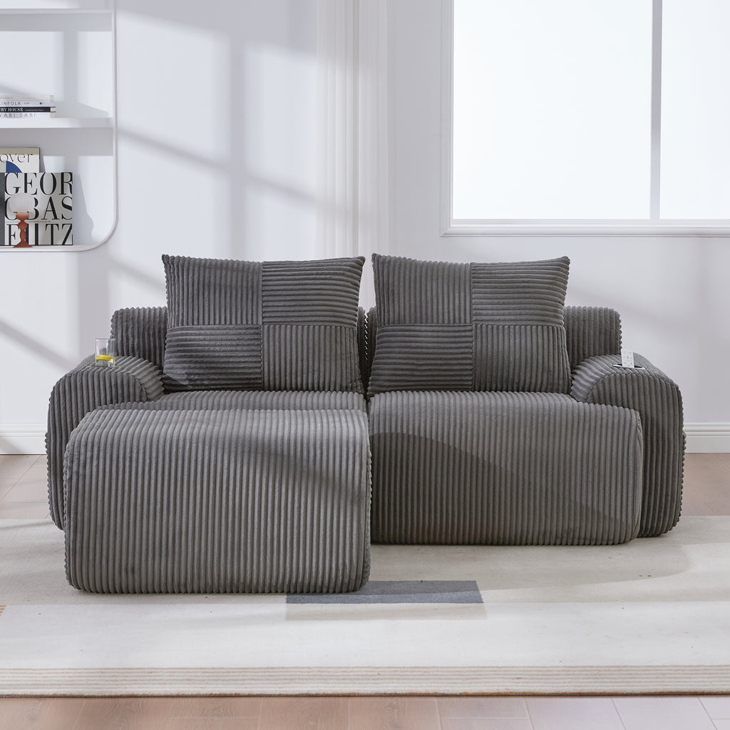 Dark Grey Corduroy 2-Seater Modular Sofa with Ottoman — detail 16