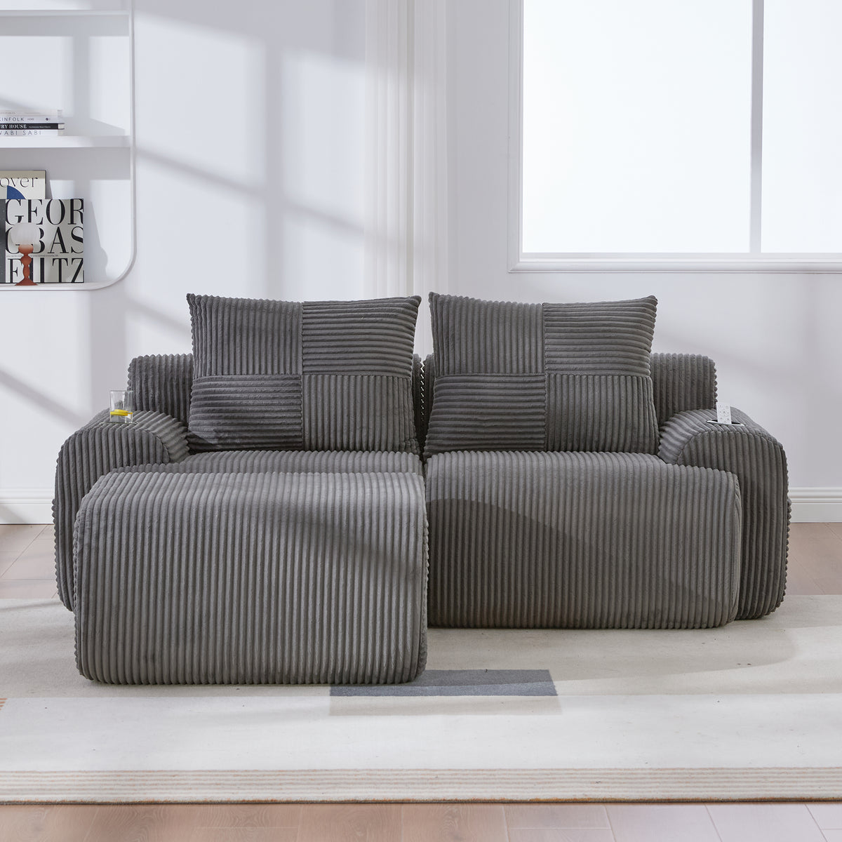 Dark Grey Corduroy 2-Seater Modular Sofa with Ottoman — detail 16