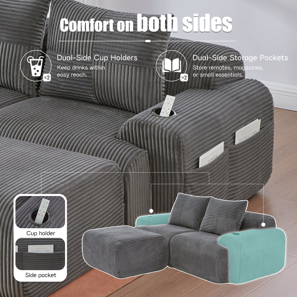 Dark Grey Corduroy 2-Seater Modular Sofa with Ottoman — detail 6
