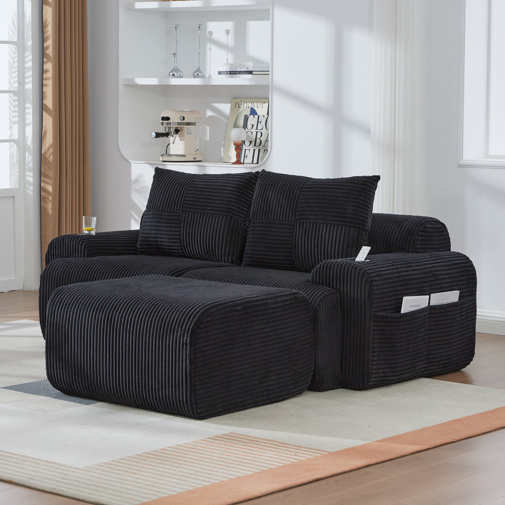 Black Corduroy 2-Seater Modular Sofa with Ottoman — detail 11