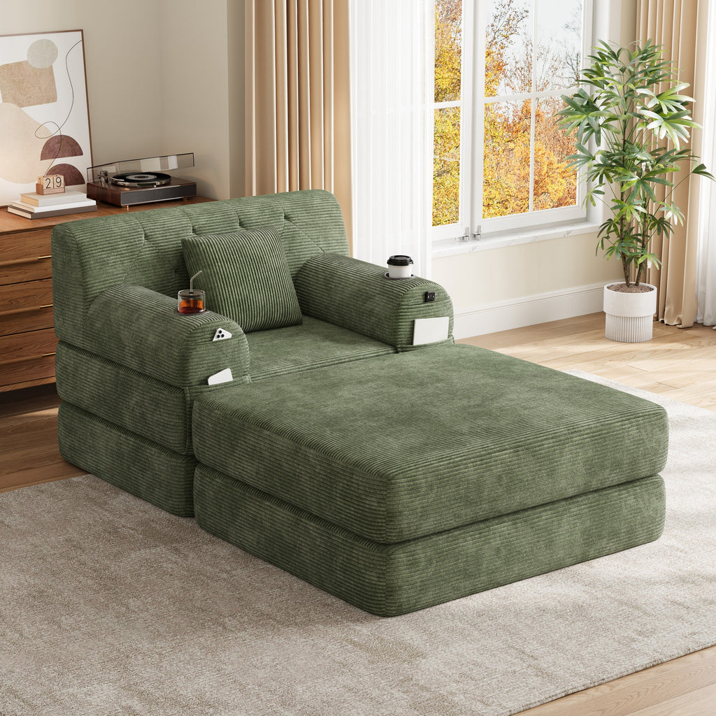 Green Corduroy Sleeper Chair with Ottoman — detail 4
