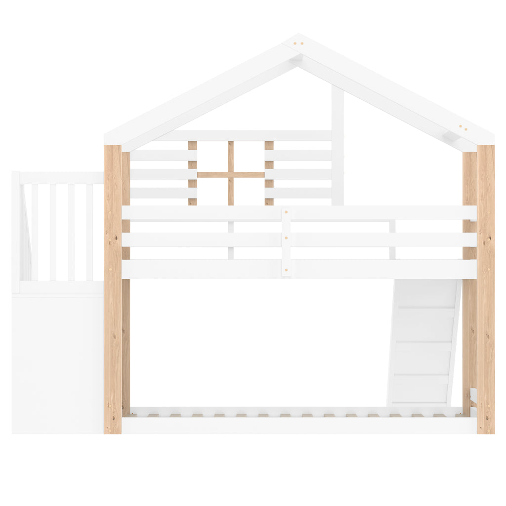 White Wooden Bunk Bed with Slide and Storage Stairs — detail 19