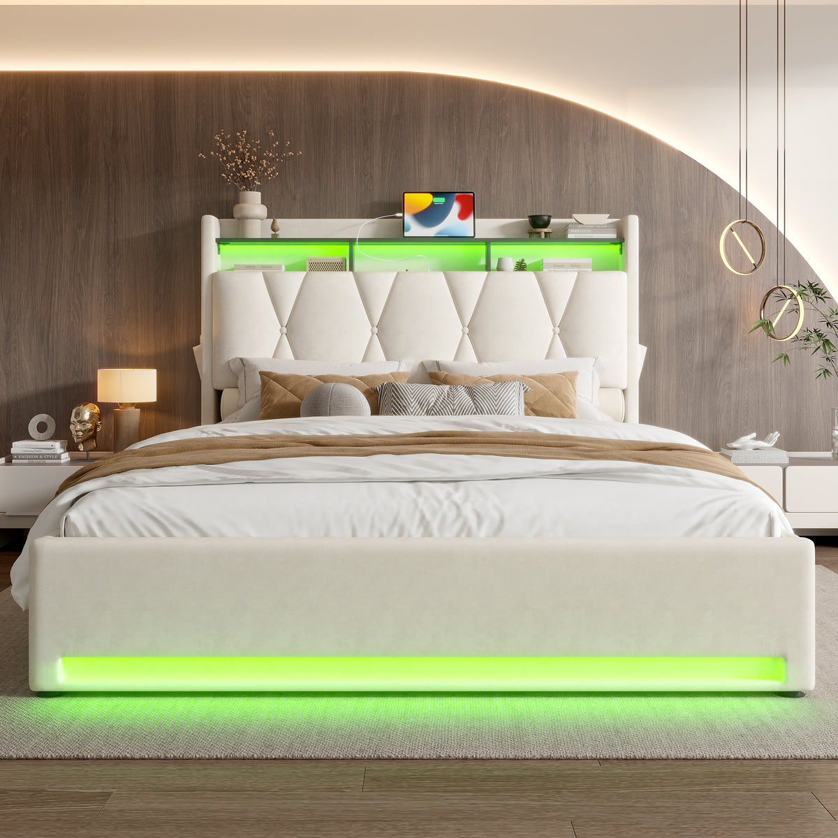 Beige Velvet Storage Bed Frame – 135 × 190 cm — detail 3