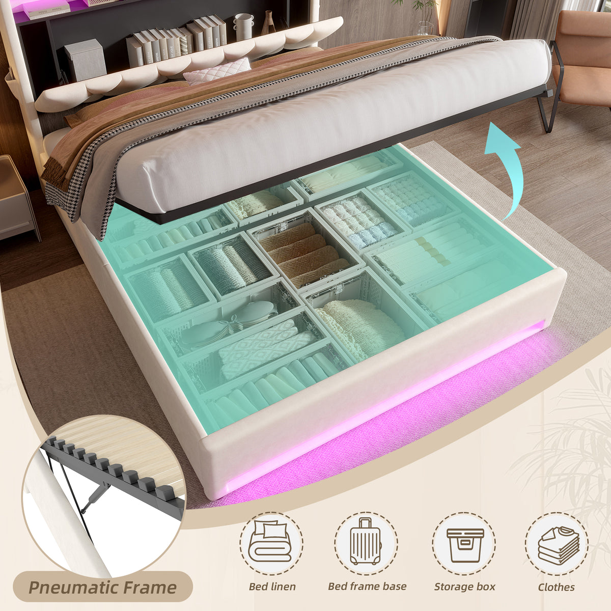Beige Velvet Storage Bed Frame – 150 × 200 cm — detail 4