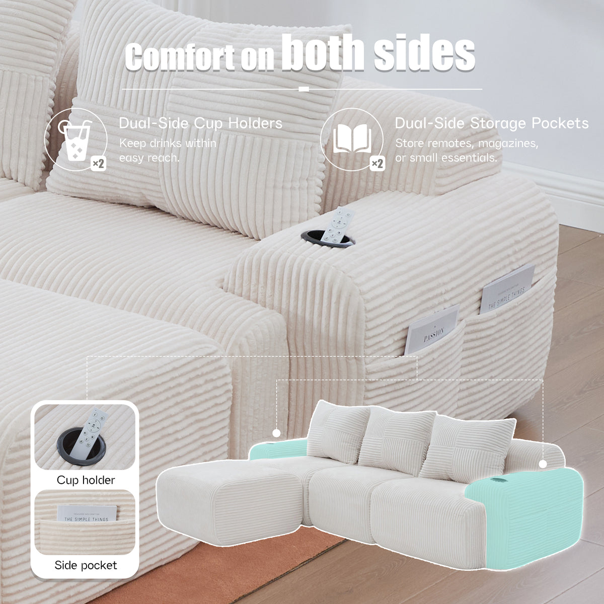 Beige Corduroy 3-Seater Modular Sofa with Ottoman — detail 7
