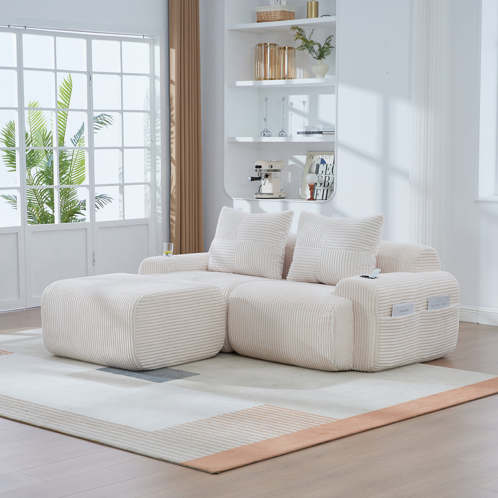 Beige Corduroy 2-Seater Modular Sofa with Ottoman — detail 13