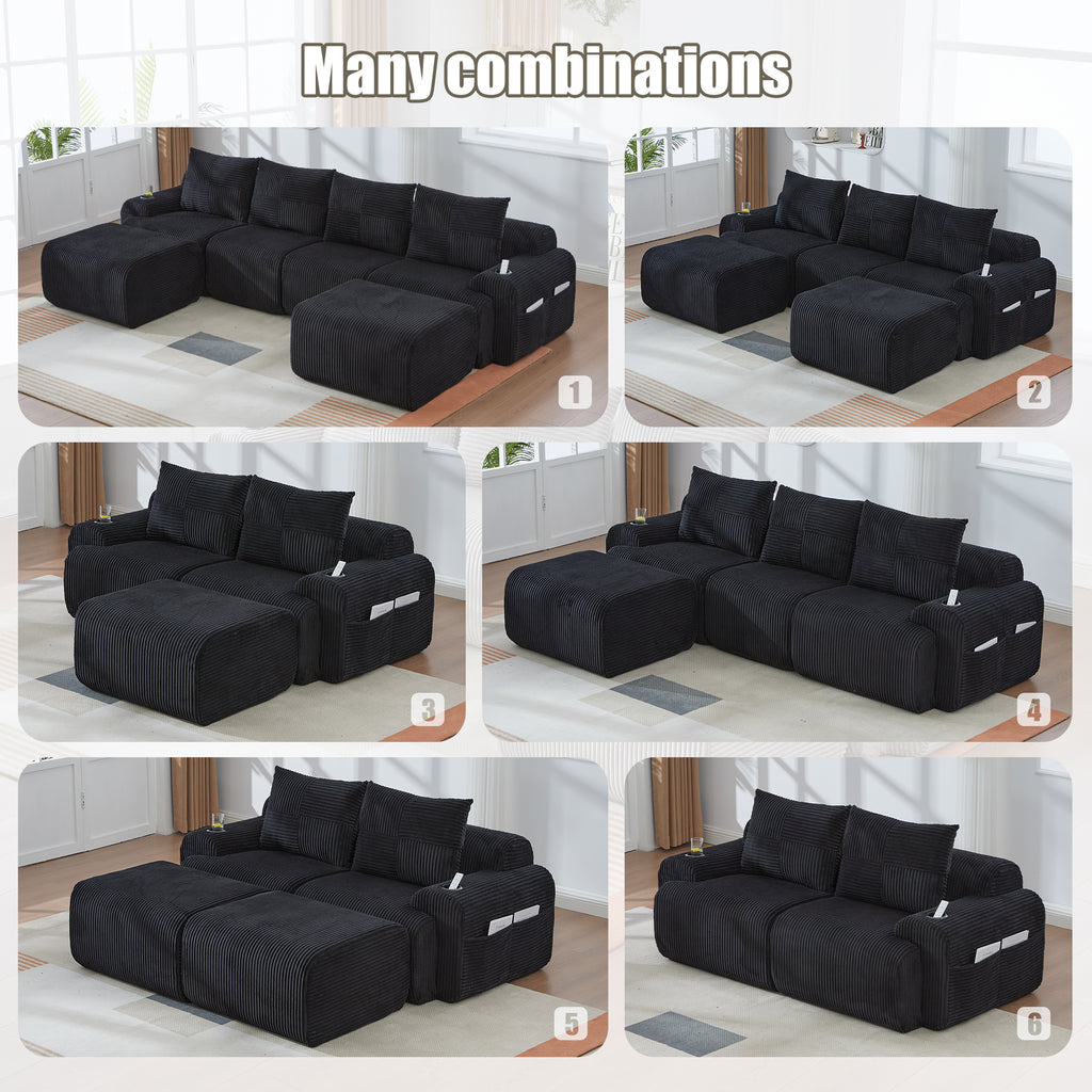 Black Corduroy 2-Seater Modular Sofa with Ottoman — detail 4