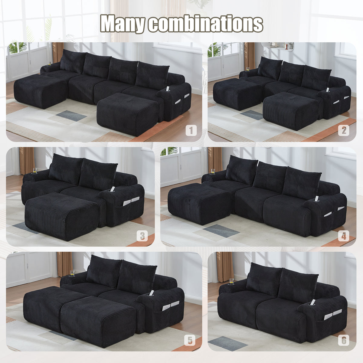 Black Corduroy 2-Seater Modular Sofa with Ottoman — detail 4