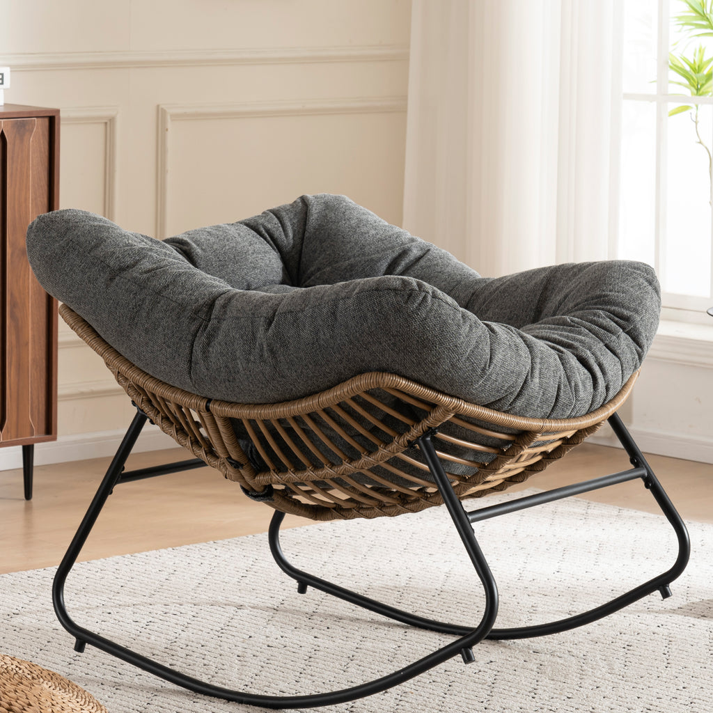 Grey Oversized Rattan Rocking Chair with Cushion — detail 8