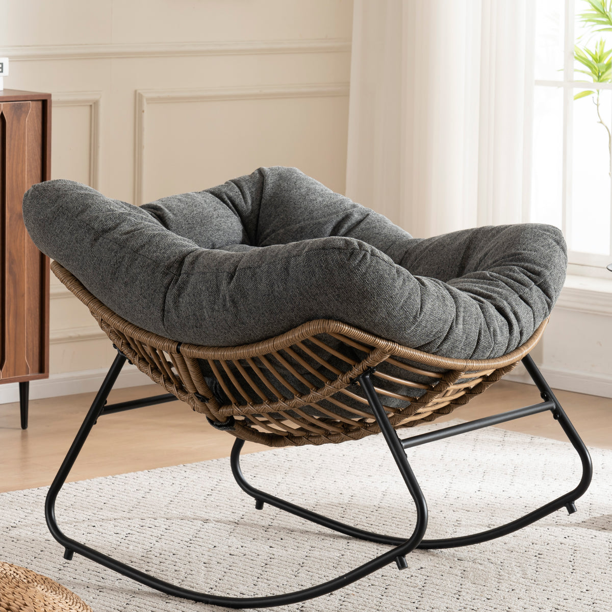Grey Oversized Rattan Rocking Chair with Cushion — detail 8