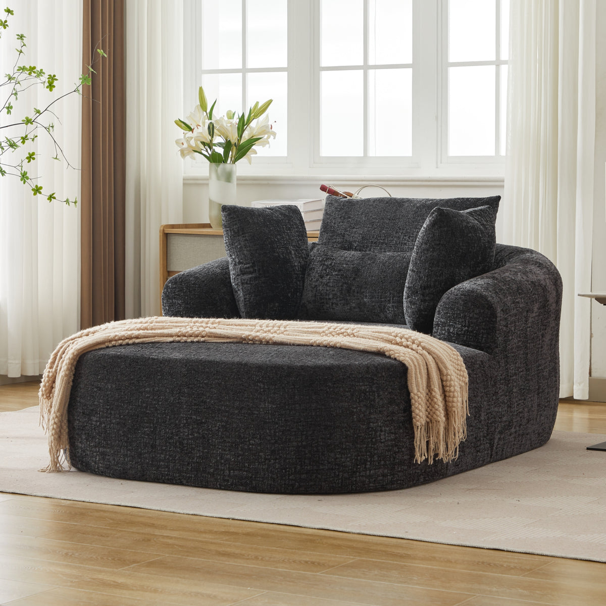 Black Oversized Chenille Chaise Lounge with Pillows — detail 9